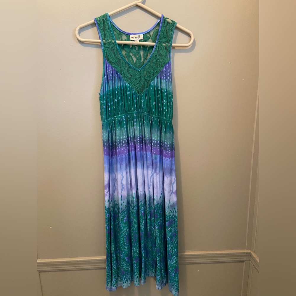 One World Women’s Green and Purple Tie Dye Sleeveless Dress, Boho, Size Small